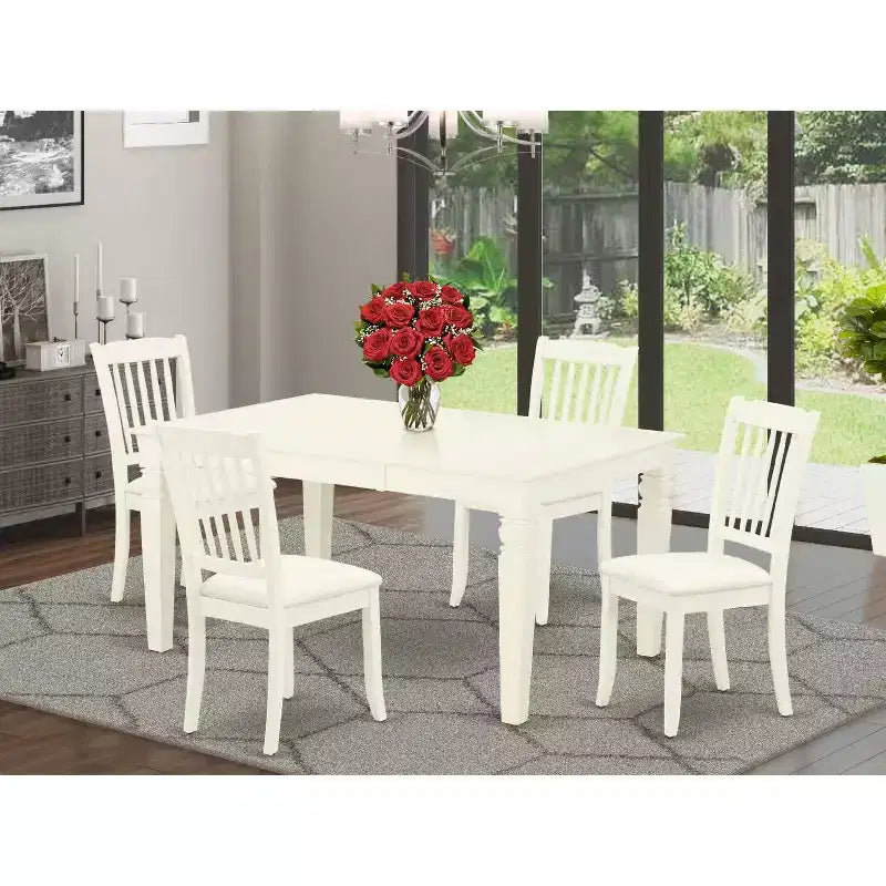 Ensemble de salle à manger HomeStock 5 pièces, table rectangulaire avec plateau en bois massif au fini babeurre et cerisier, 4 chaises à dossier à barreaux et rallonge papillon