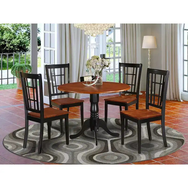Ensemble table de cuisine et chaises pour 4 personnes – Table à abattants 107x107 cm et chaises, bois dur asiatique, finition noire