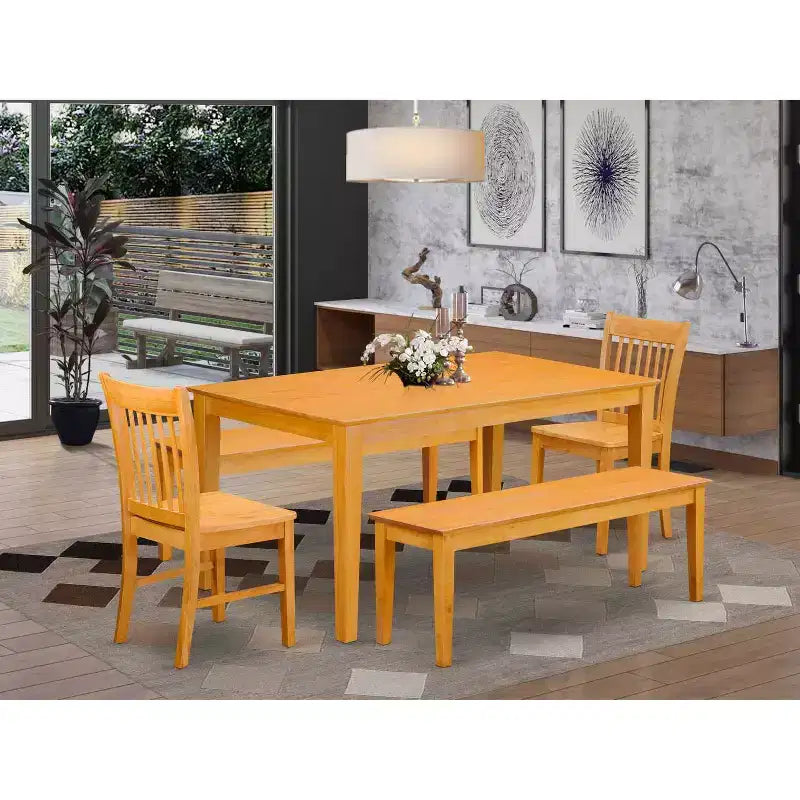 HomeStock Ensemble de 5 meubles de salle à manger, comprenant une table rectangulaire avec plateau en bois massif finition chêne naturel, 2 bancs et 2 chaises