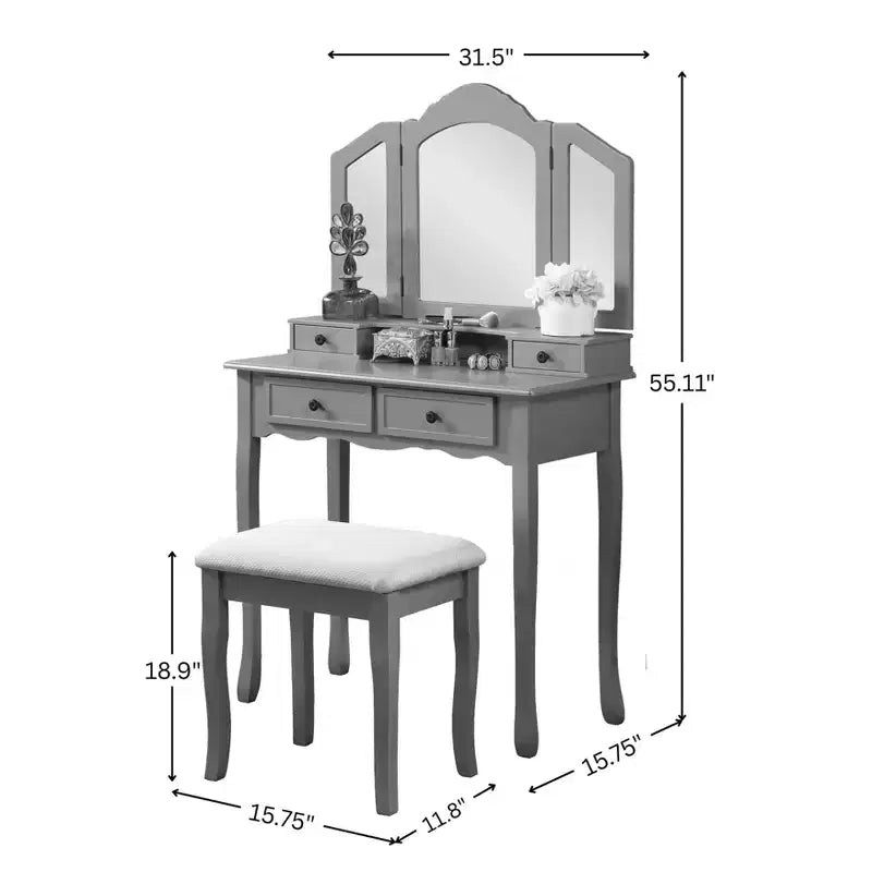 JVNOXK Coiffeuse blanche en bois avec miroir biseauté sur trois côtés de 31,5 pouces, deux tiroirs et un tabouret