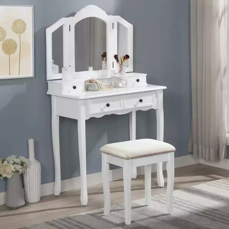 JVNOXK Coiffeuse blanche en bois avec miroir biseauté sur trois côtés de 31,5 pouces, deux tiroirs et un tabouret