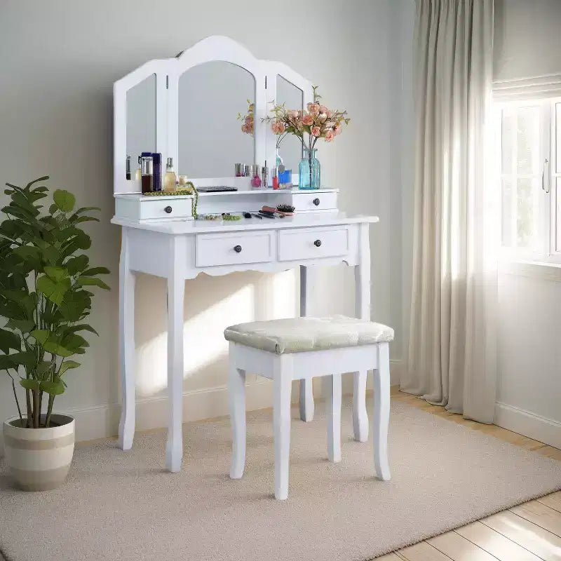 JVNOXK Coiffeuse blanche en bois avec miroir biseauté sur trois côtés de 31,5 pouces, deux tiroirs et un tabouret