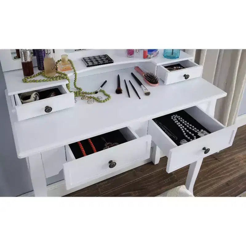 JVNOXK Coiffeuse blanche en bois avec miroir biseauté sur trois côtés de 31,5 pouces, deux tiroirs et un tabouret