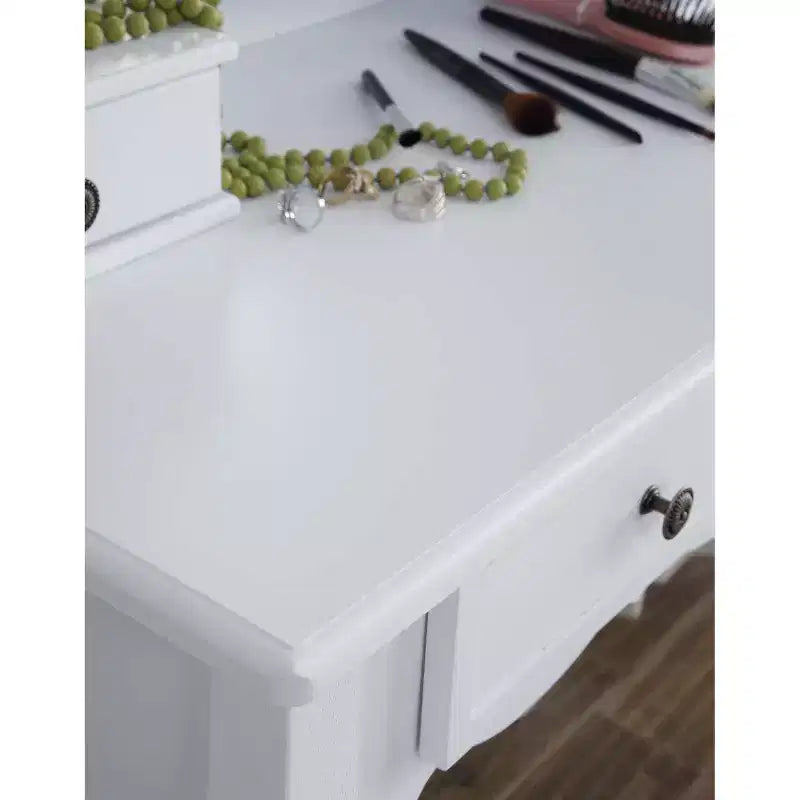 JVNOXK Coiffeuse blanche en bois avec miroir biseauté sur trois côtés de 31,5 pouces, deux tiroirs et un tabouret