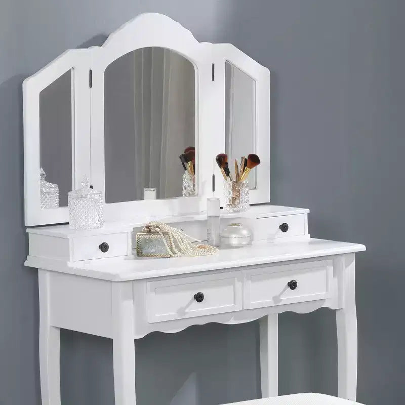 JVNOXK Coiffeuse blanche en bois avec miroir biseauté sur trois côtés de 31,5 pouces, deux tiroirs et un tabouret
