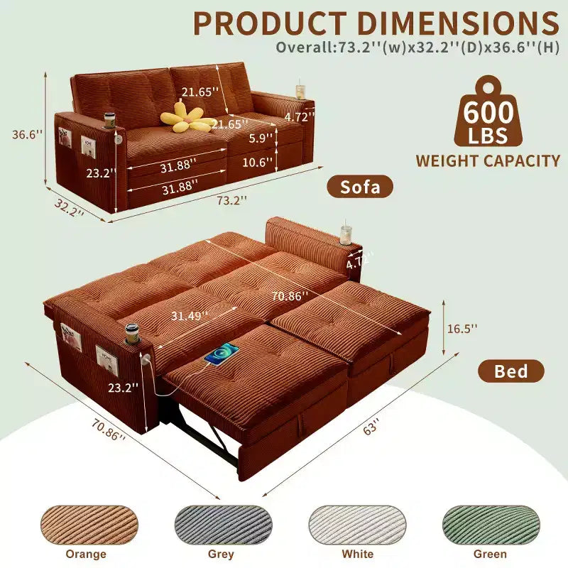 Canapé-lit convertible 73 po avec polyester de velours côtelé, causeuse inclinable pour salon, chambre d'amis ou appartement-Panipeachy