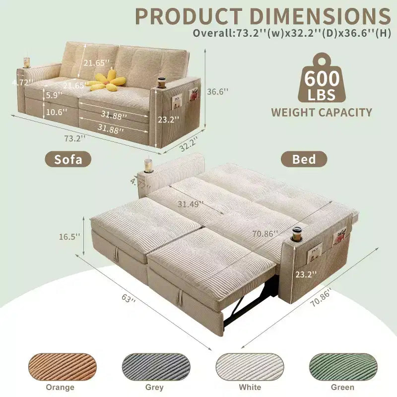 Canapé-lit convertible 73 po avec polyester de velours côtelé, causeuse inclinable pour salon, chambre d'amis ou appartement-Panipeachy