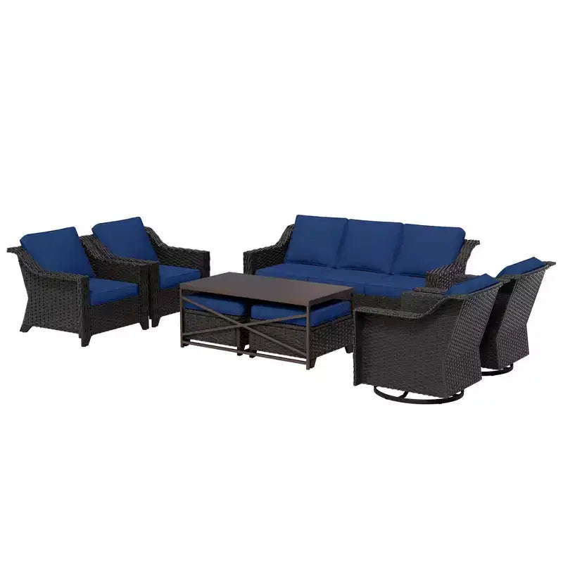 Ensemble d'extérieur premium UPTIOT 8 pièces : canapé 3 places, 2 fauteuils, 2 fauteuils pivotants, 2 poufs et table basse