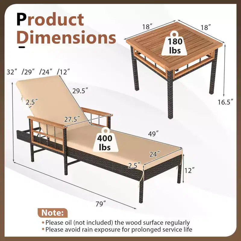 Ensemble de 2 chaises longues de jardin Costway en rotin avec table d'appoint, inclinables, marron mélangé, beige