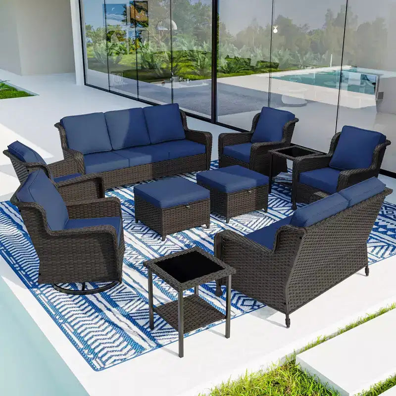 Ensemble extérieur haut de gamme 10 pièces UPTIOT : Canapé 3 places, canapé 2 places, 2 fauteuils pivotants à bascule, 2 chaises, 2 poufs et 2 tables basses