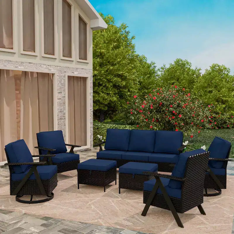 Ensemble de sept meubles d'extérieur UPTIOT : canapé 3 places, 2 fauteuils à bascule pivotants, 2 fauteuils individuels et 2 poufs pour un confort optimal sur votre terrasse