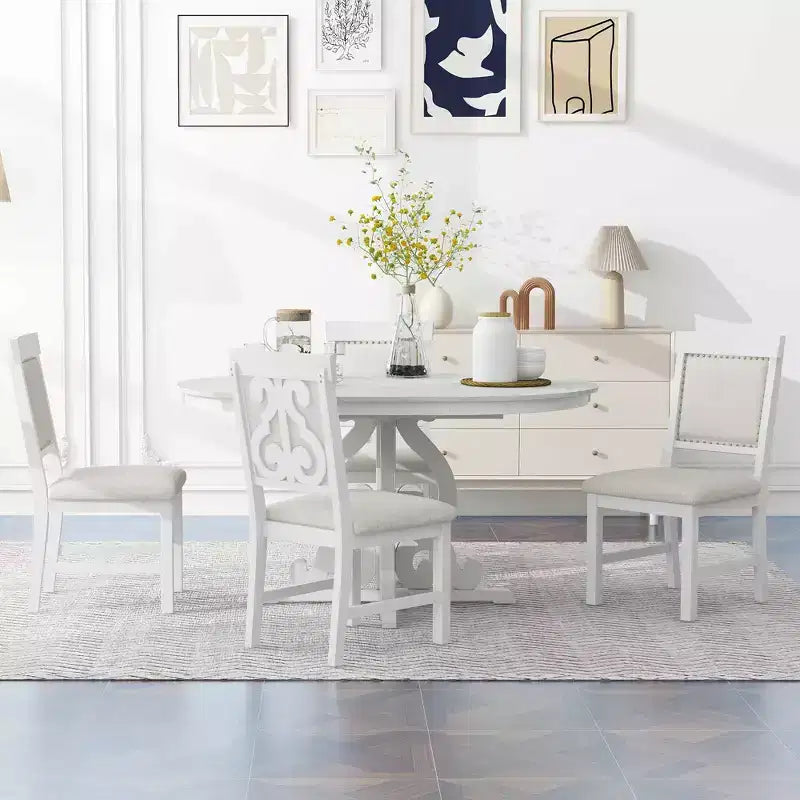 Ensemble de table de cuisine style ferme pour 4 personnes, table à manger ronde extensible en bois et 4 chaises rembourrées, ensemble de salle à manger rétro pour cuisine