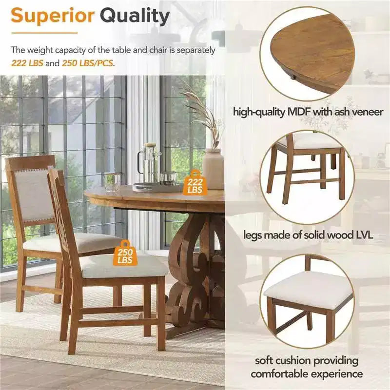 Ensemble de table de cuisine style ferme pour 4 personnes, table à manger ronde extensible en bois et 4 chaises rembourrées, ensemble de salle à manger rétro pour cuisine
