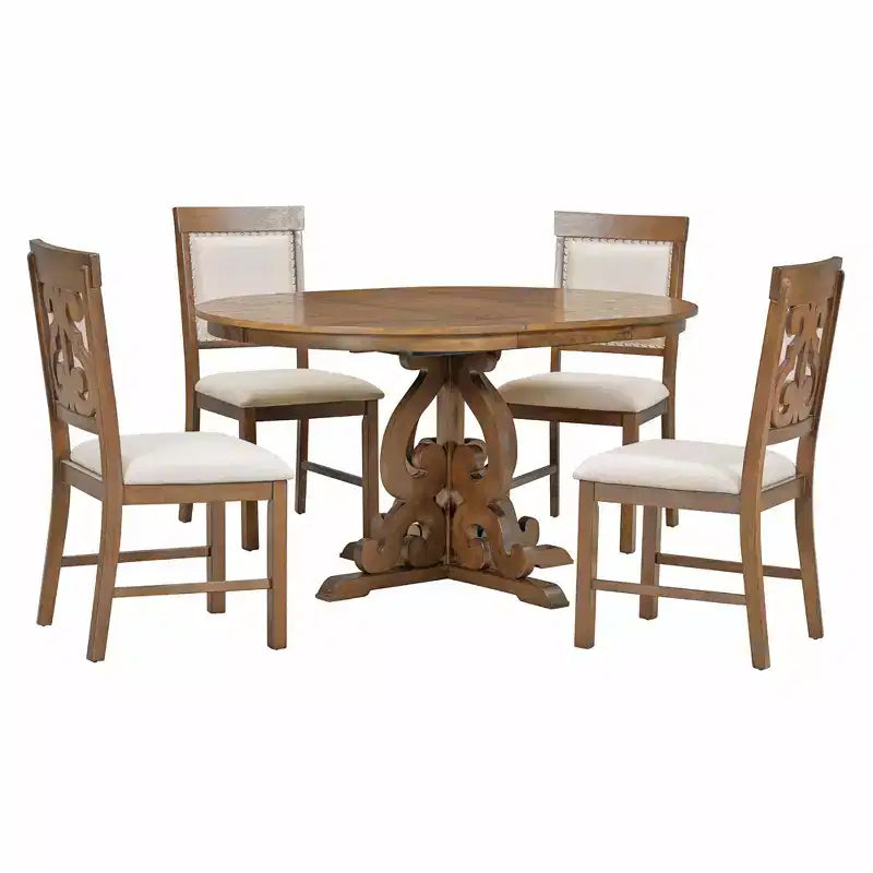 Ensemble de table de cuisine style ferme pour 4 personnes, table à manger ronde extensible en bois et 4 chaises rembourrées, ensemble de salle à manger rétro pour cuisine