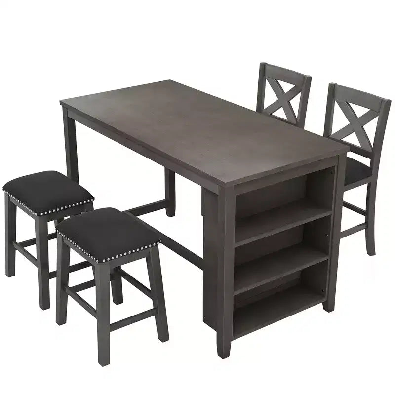 Ensemble de salle à manger à hauteur de comptoir pour 4 personnes, table de bar en bois avec étagère de rangement et 2 tabourets et 2 chaises pour petits espaces