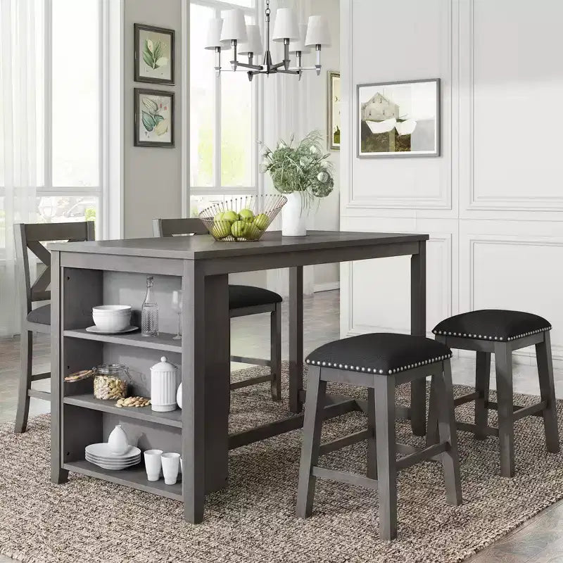 Ensemble de salle à manger à hauteur de comptoir pour 4 personnes, table de bar en bois avec étagère de rangement et 2 tabourets et 2 chaises pour petits espaces