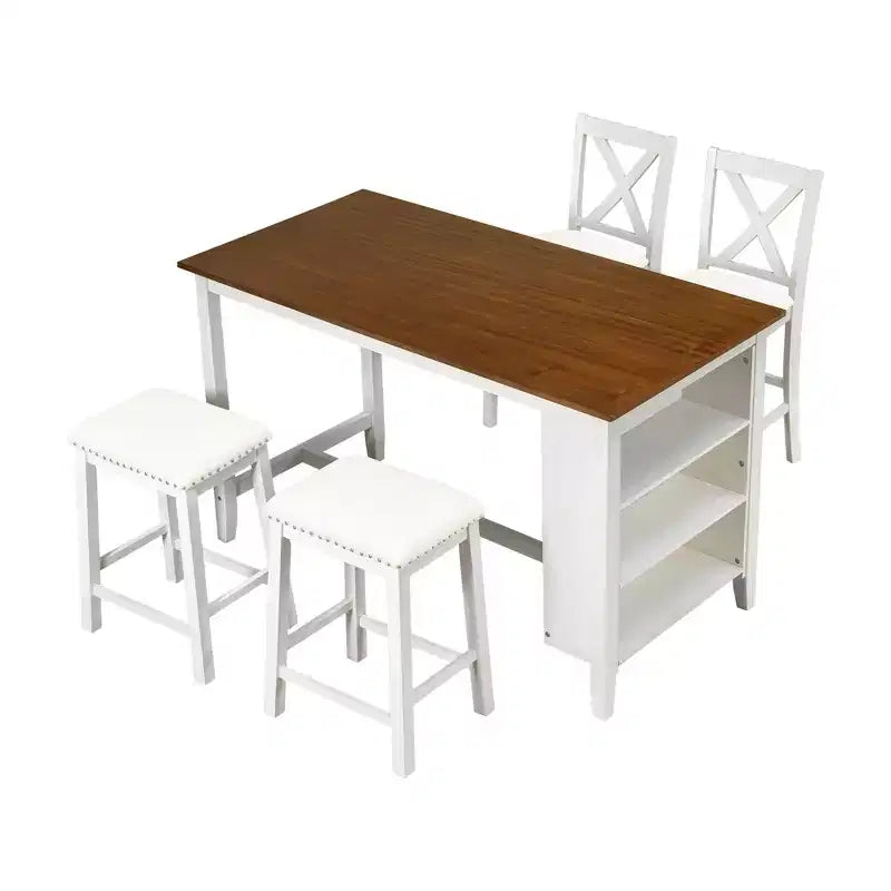 Ensemble de salle à manger à hauteur de comptoir pour 4 personnes, table de bar en bois avec étagère de rangement et 2 tabourets et 2 chaises pour petits espaces