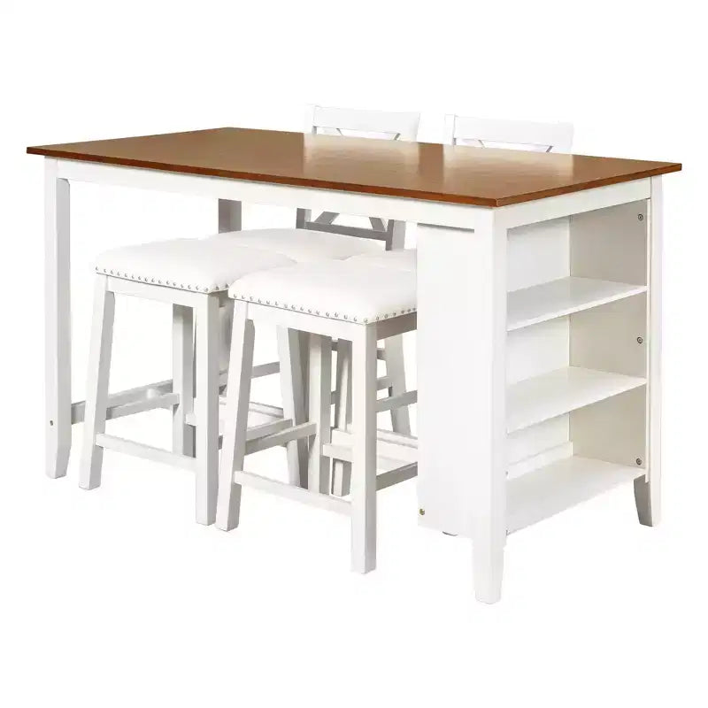 Ensemble de salle à manger à hauteur de comptoir pour 4 personnes, table de bar en bois avec étagère de rangement et 2 tabourets et 2 chaises pour petits espaces