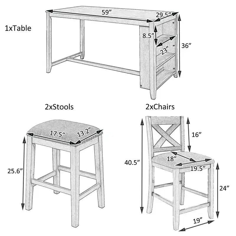 Ensemble de salle à manger à hauteur de comptoir pour 4 personnes, table de bar en bois avec étagère de rangement et 2 tabourets et 2 chaises pour petits espaces