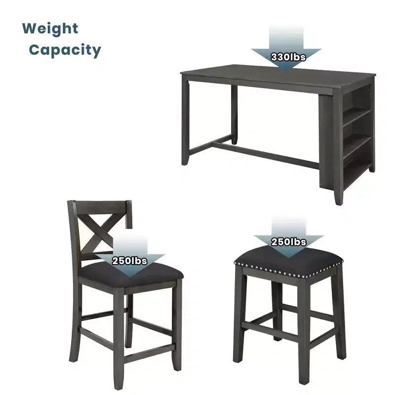 Ensemble de salle à manger à hauteur de comptoir pour 4 personnes, table de bar en bois avec étagère de rangement et 2 tabourets et 2 chaises pour petits espaces