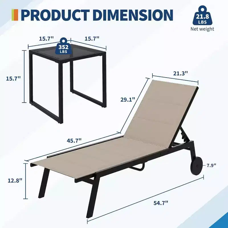Ensemble de 3 chaises longues de patio CuisinSmart avec table d'appoint, chaises longues d'extérieur à roulettes, transats de piscine à dossier réglable
