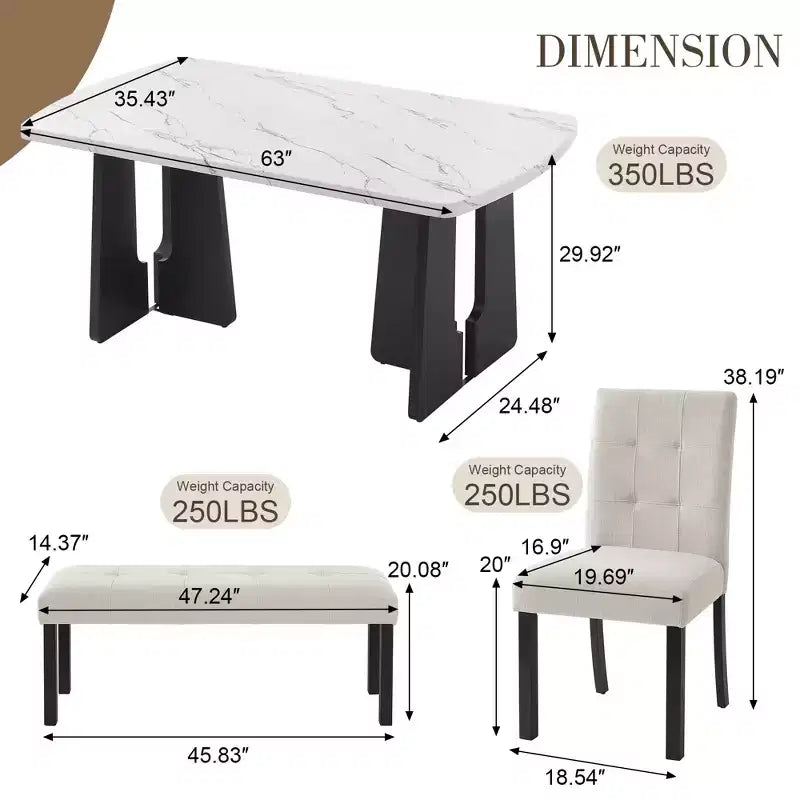 Ensemble de salle à manger moderne 6 pièces Griffin de GDFStudio avec table en faux marbre de 63 po, 4 chaises et 1 banc