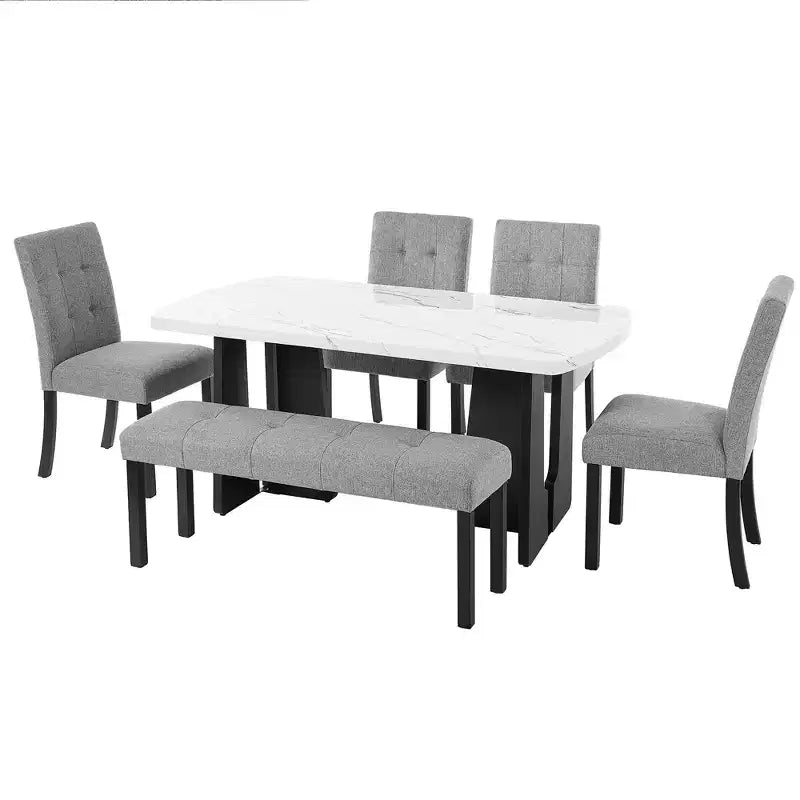 Ensemble de salle à manger moderne 6 pièces Griffin de GDFStudio avec table en faux marbre de 63 po, 4 chaises et 1 banc