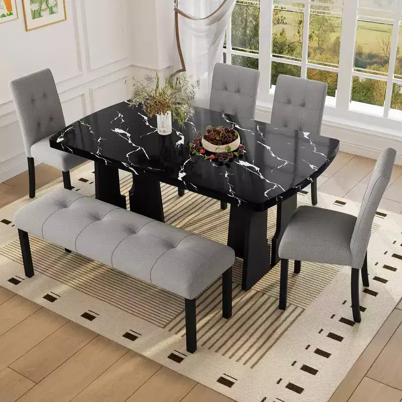Ensemble de salle à manger moderne 6 pièces Griffin de GDFStudio avec table en faux marbre de 63 po, 4 chaises et 1 banc