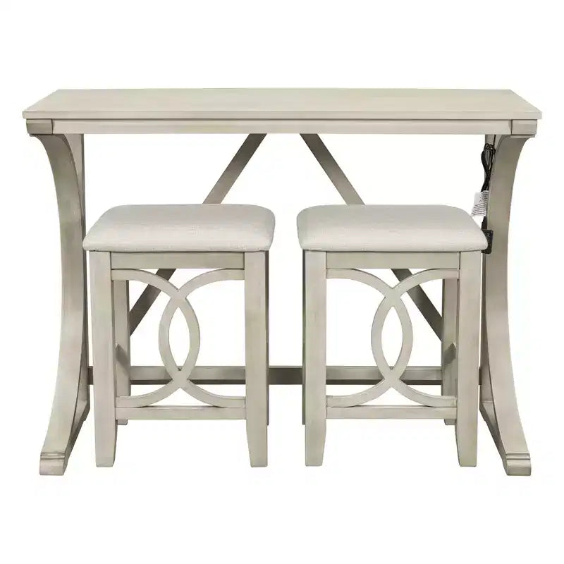 JVNOXK Ensemble table et 2 tabourets de bar style campagnard, ports USB intégrés et tabourets rembourrés, idéal pour les salles à manger, blanc