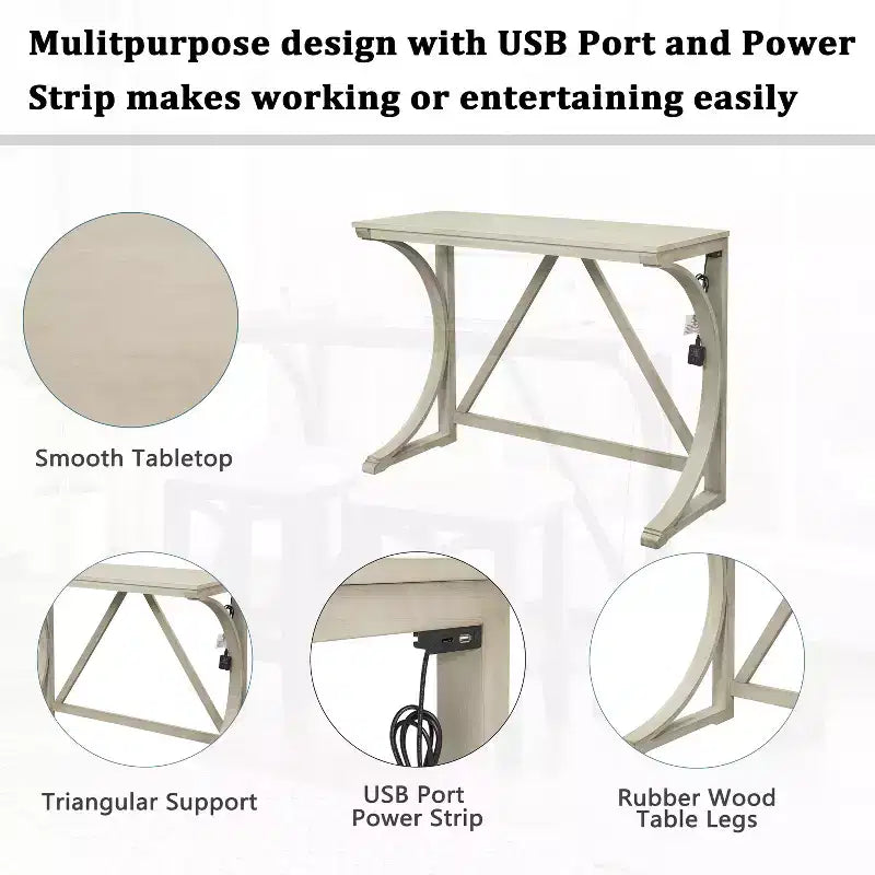 JVNOXK Ensemble table et 2 tabourets de bar style campagnard, ports USB intégrés et tabourets rembourrés, idéal pour les salles à manger, blanc
