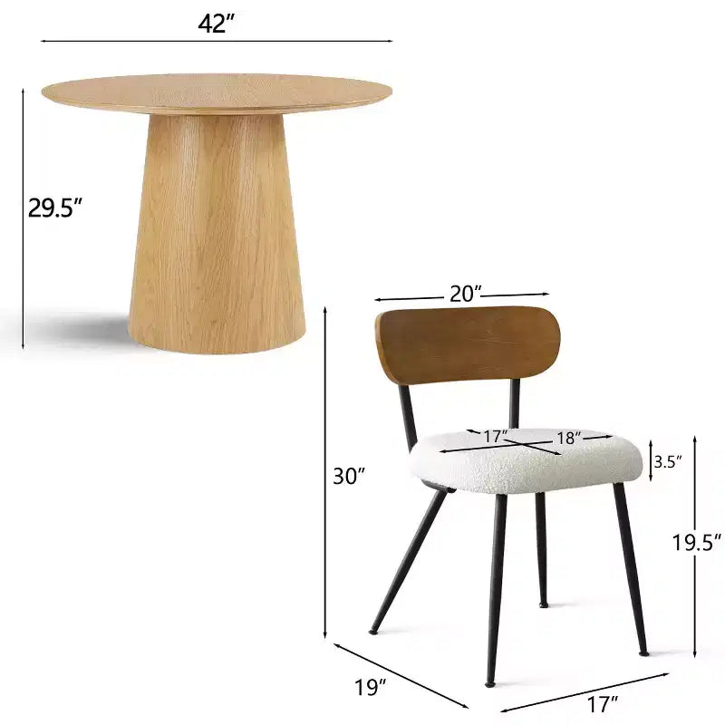 Ensemble de salle à manger rond 5 pièces, table à piédestal en chêne de 42 po avec 4 chaises rembourrées en bouclé, dossiers en bois de frêne et pieds en métal - Panipeachy