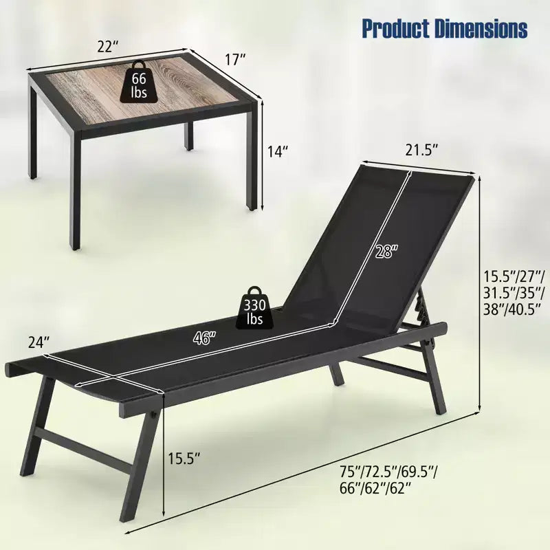 Ensemble de 3 chaises longues de patio Costway, fauteuil inclinable en aluminium avec table, extérieur