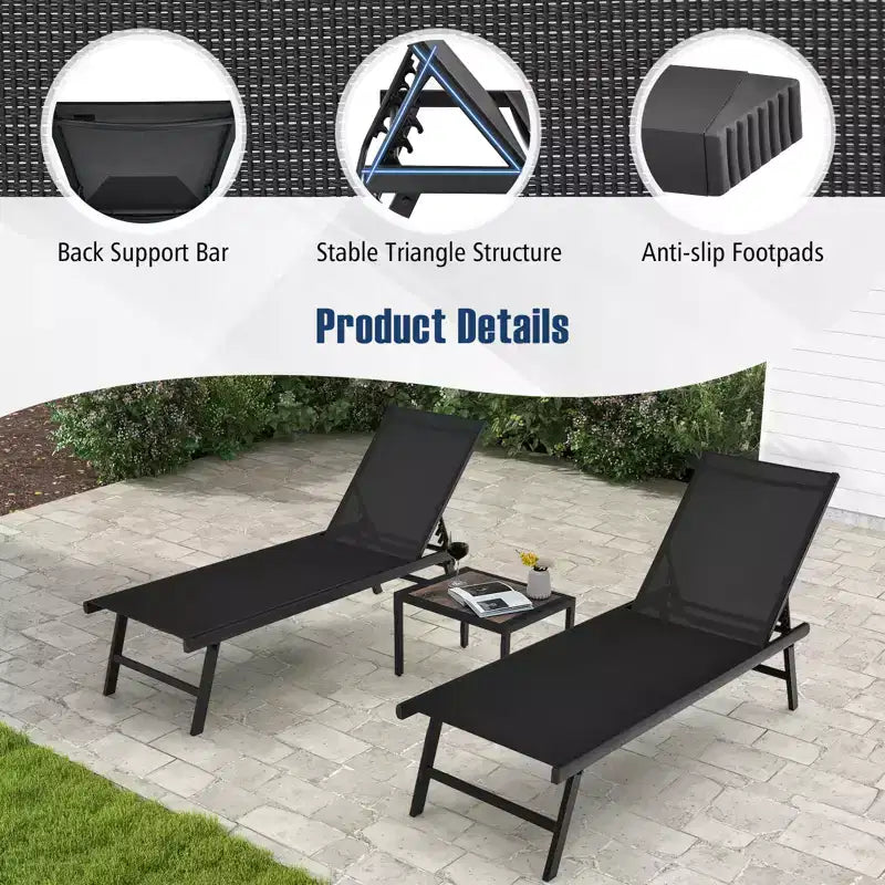 Ensemble de 3 chaises longues de patio Costway, fauteuil inclinable en aluminium avec table, extérieur