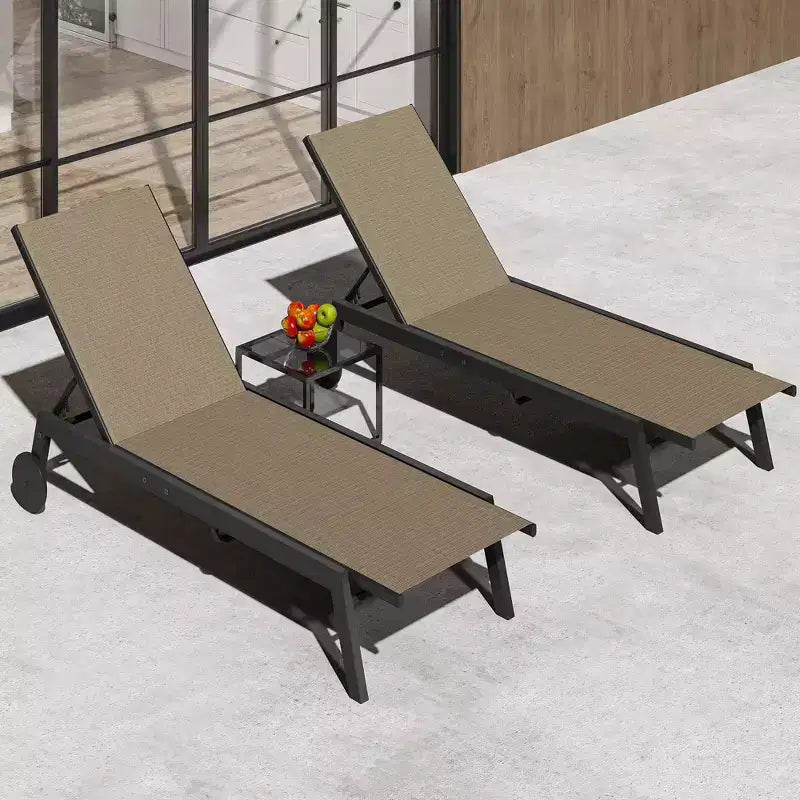 Ensemble de 3 pièces pour petit patio avec table d'appoint – Chaises longues réglables et roulettes pour piscine, terrasse et jardin