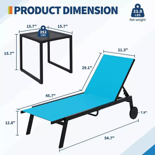 Ensemble de 3 pièces pour petit patio avec table d'appoint – Chaises longues réglables et roulettes pour piscine, terrasse et jardin