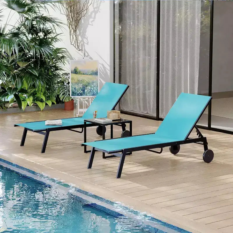 Ensemble de 3 pièces pour petit patio avec table d'appoint – Chaises longues réglables et roulettes pour piscine, terrasse et jardin