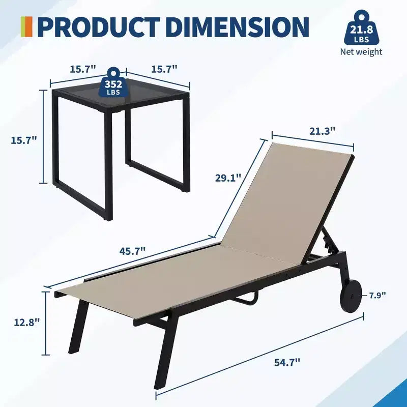 Ensemble de 3 pièces pour petit patio avec table d'appoint – Chaises longues réglables et roulettes pour piscine, terrasse et jardin