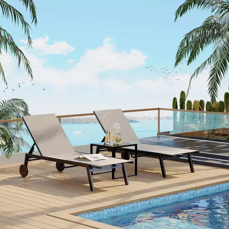 Ensemble de 3 pièces pour petit patio avec table d'appoint – Chaises longues réglables et roulettes pour piscine, terrasse et jardin