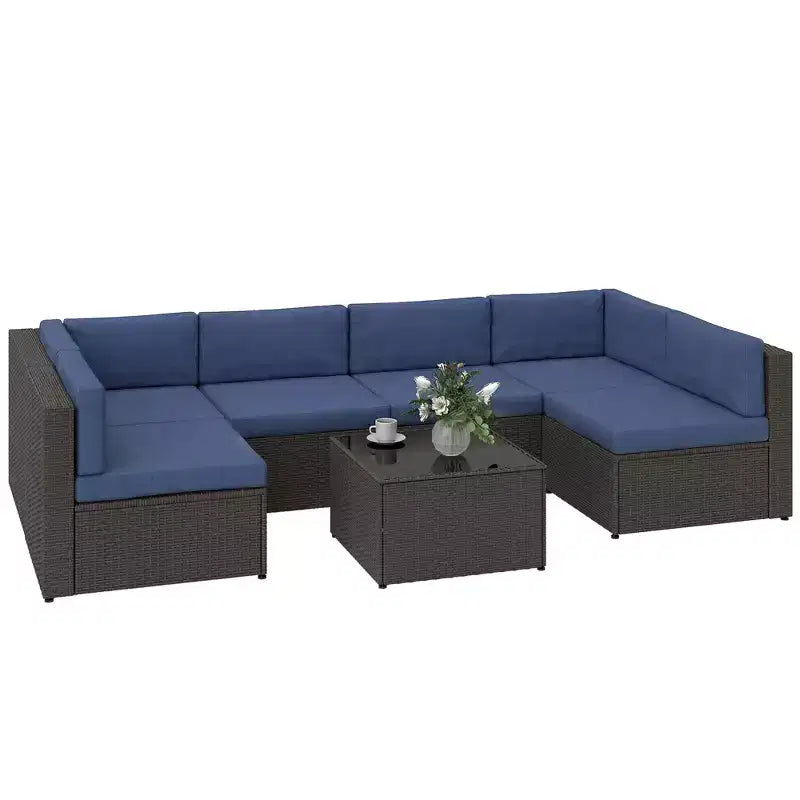 Ensemble de mobilier de patio Outsunny 7 pièces, meubles de conversation d'extérieur en rotin PE tout temps avec coussins, table basse à plateau en verre