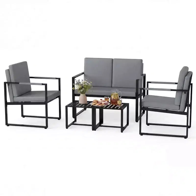 Costway Ensemble de 5 pièces pour salon avec causeuse, 2 fauteuils d'appoint, 2 tables basses, coussins gris/marron + noir