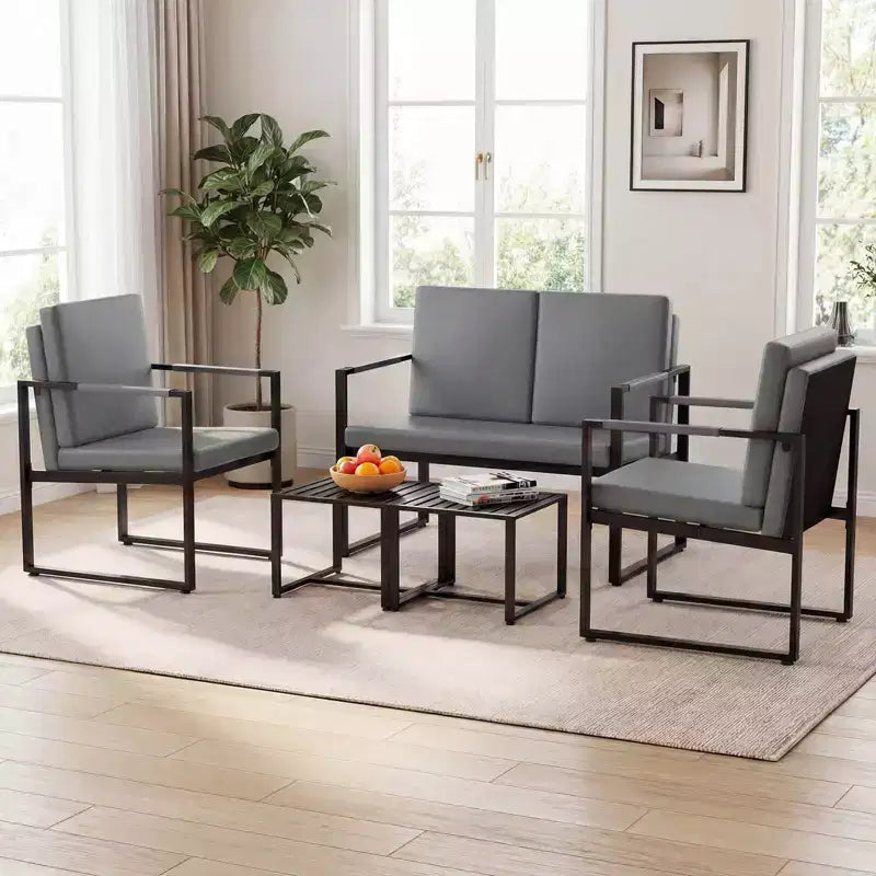 Costway Ensemble de 5 pièces pour salon avec causeuse, 2 fauteuils d'appoint, 2 tables basses, coussins gris/marron + noir