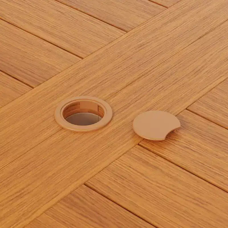 Ensemble table et chaises de salle à manger d'extérieur Famapy en grain de bois de teck naturel HDPE, table de patio résistante aux intempéries avec trou pour parasol, ensemble d'extérieur pour patio et jardin