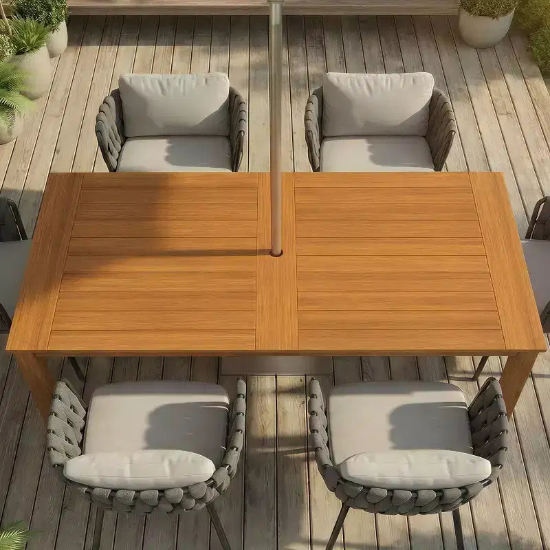 Ensemble table et chaises de salle à manger d'extérieur Famapy en grain de bois de teck naturel HDPE, table de patio résistante aux intempéries avec trou pour parasol, ensemble d'extérieur pour patio et jardin