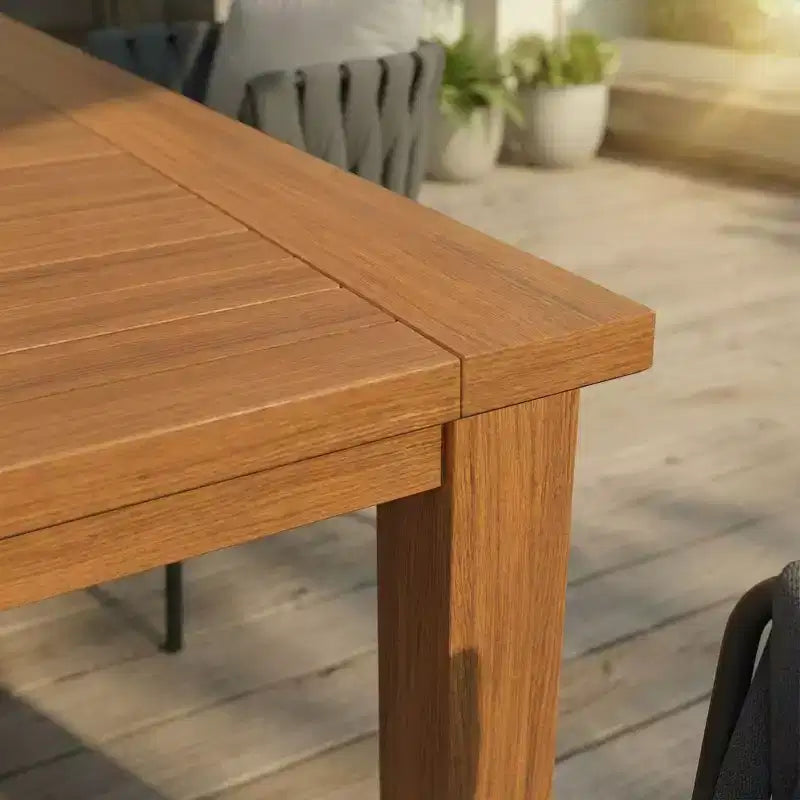 Ensemble table et chaises de salle à manger d'extérieur Famapy en grain de bois de teck naturel HDPE, table de patio résistante aux intempéries avec trou pour parasol, ensemble d'extérieur pour patio et jardin