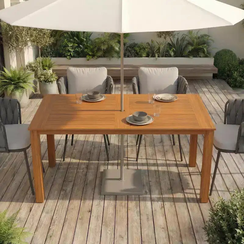 Ensemble table et chaises de salle à manger d'extérieur Famapy en grain de bois de teck naturel HDPE, table de patio résistante aux intempéries avec trou pour parasol, ensemble d'extérieur pour patio et jardin