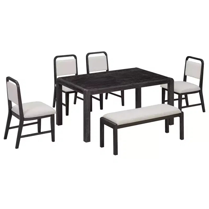Ensemble de salle à manger vintage extensible pour 6 personnes avec 4 chaises rembourrées et un banc, table de cuisine rustique brossée à la main avec design incurvé