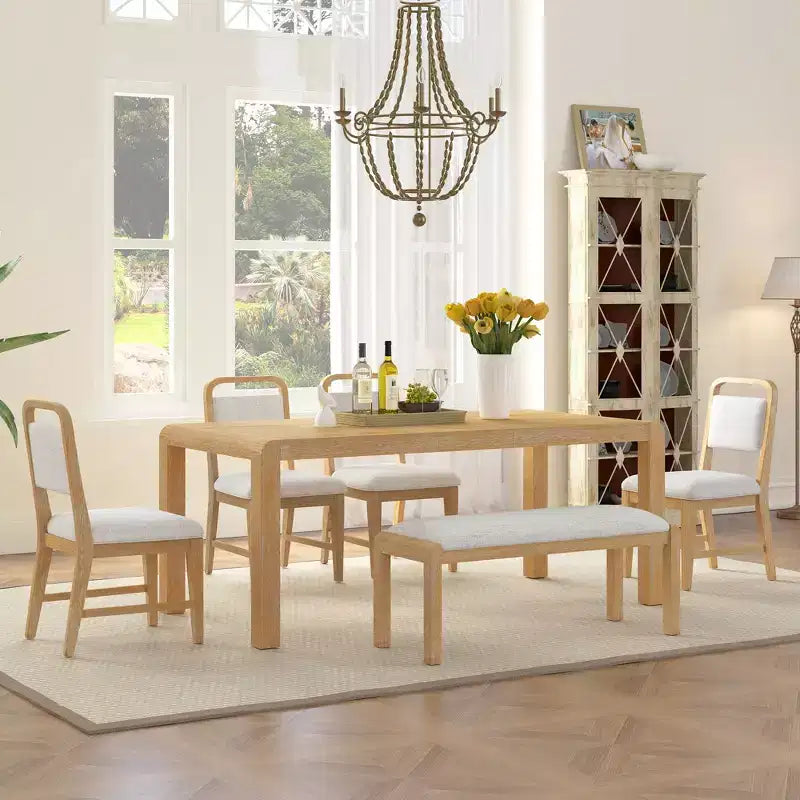 Ensemble de salle à manger vintage extensible pour 6 personnes avec 4 chaises rembourrées et un banc, table de cuisine rustique brossée à la main avec design incurvé