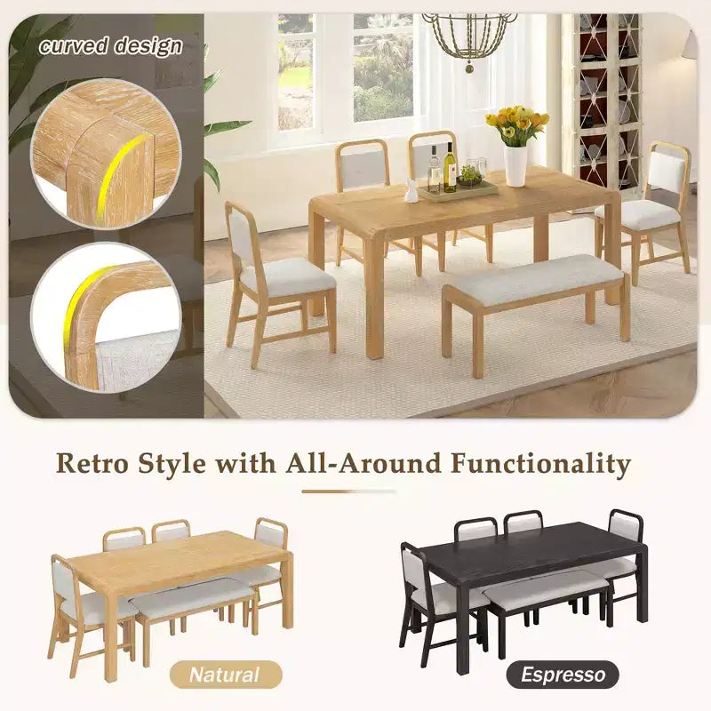 Ensemble de salle à manger vintage extensible pour 6 personnes avec 4 chaises rembourrées et un banc, table de cuisine rustique brossée à la main avec design incurvé