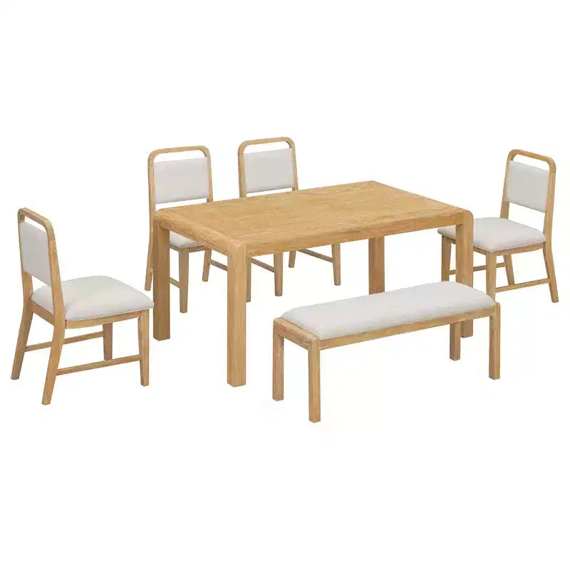 Ensemble de salle à manger vintage extensible pour 6 personnes avec 4 chaises rembourrées et un banc, table de cuisine rustique brossée à la main avec design incurvé