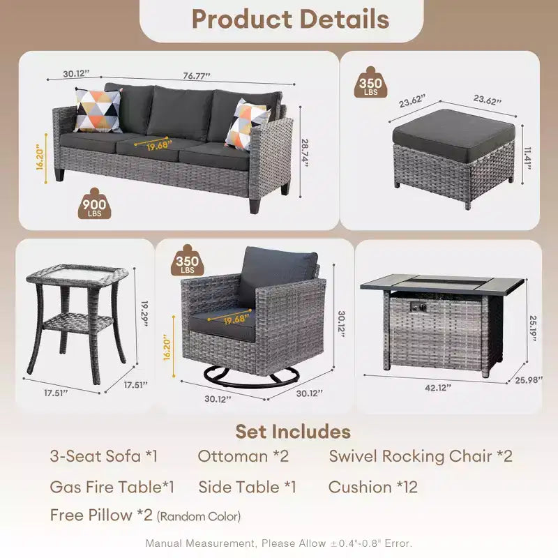 HOMLUX Salon de jardin 7 pièces avec table brasero, canapé, fauteuils pivotants et repose-pieds